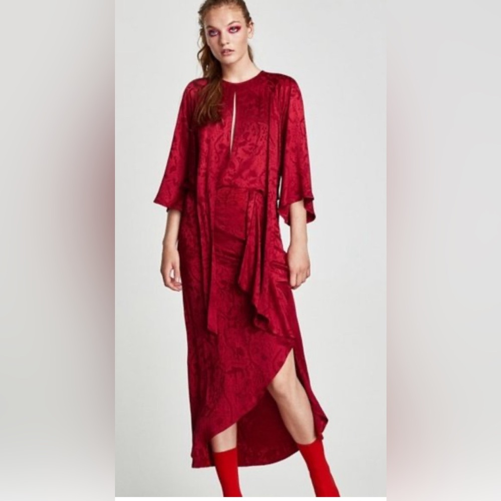 Zara Jacquard Midi Red‎ Asymmetrical Dress XS